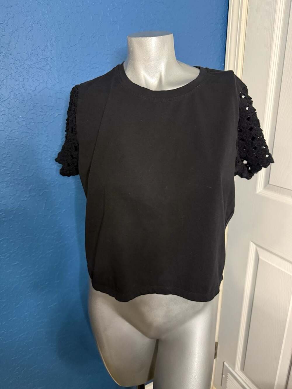 Joie Black Crochet Sleeve Top M Granny Square Short Sleeve Boho